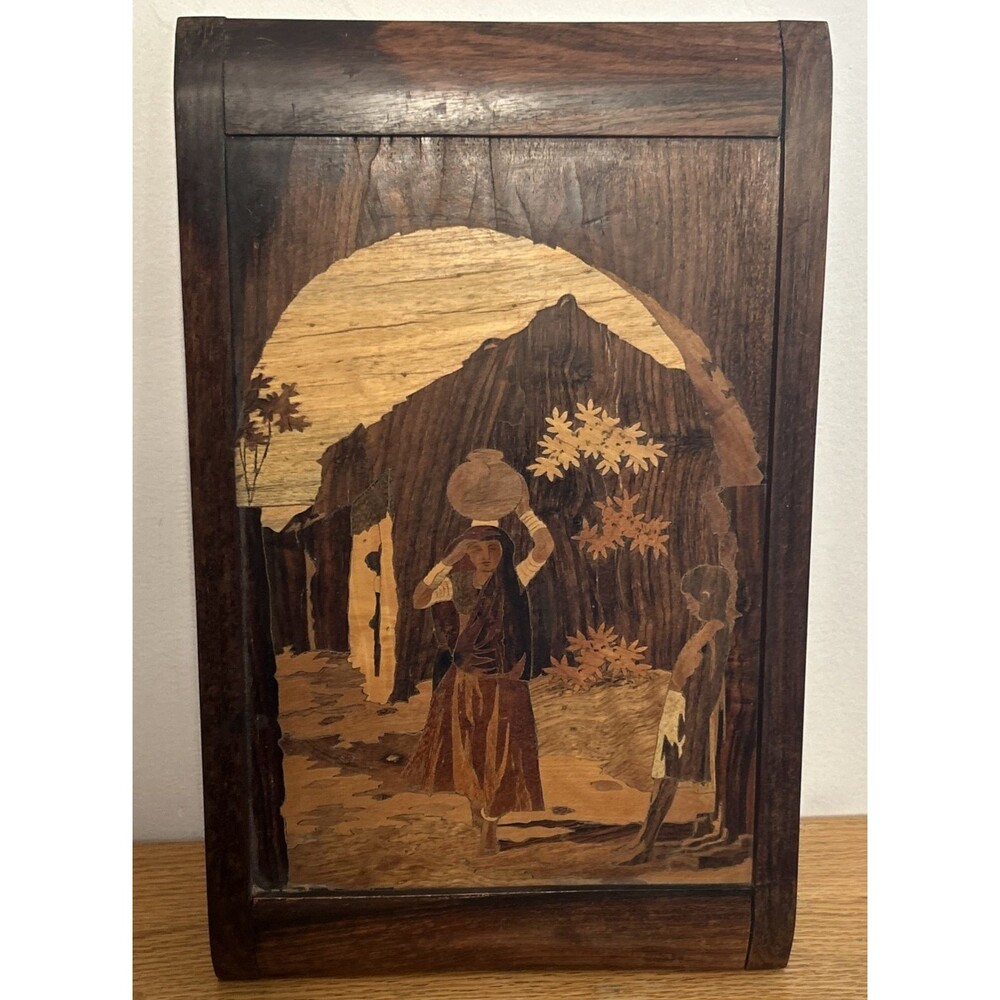 Vintage Marquetry Wood Inlay Picture Table Panel Made in India 16" X 10" Market